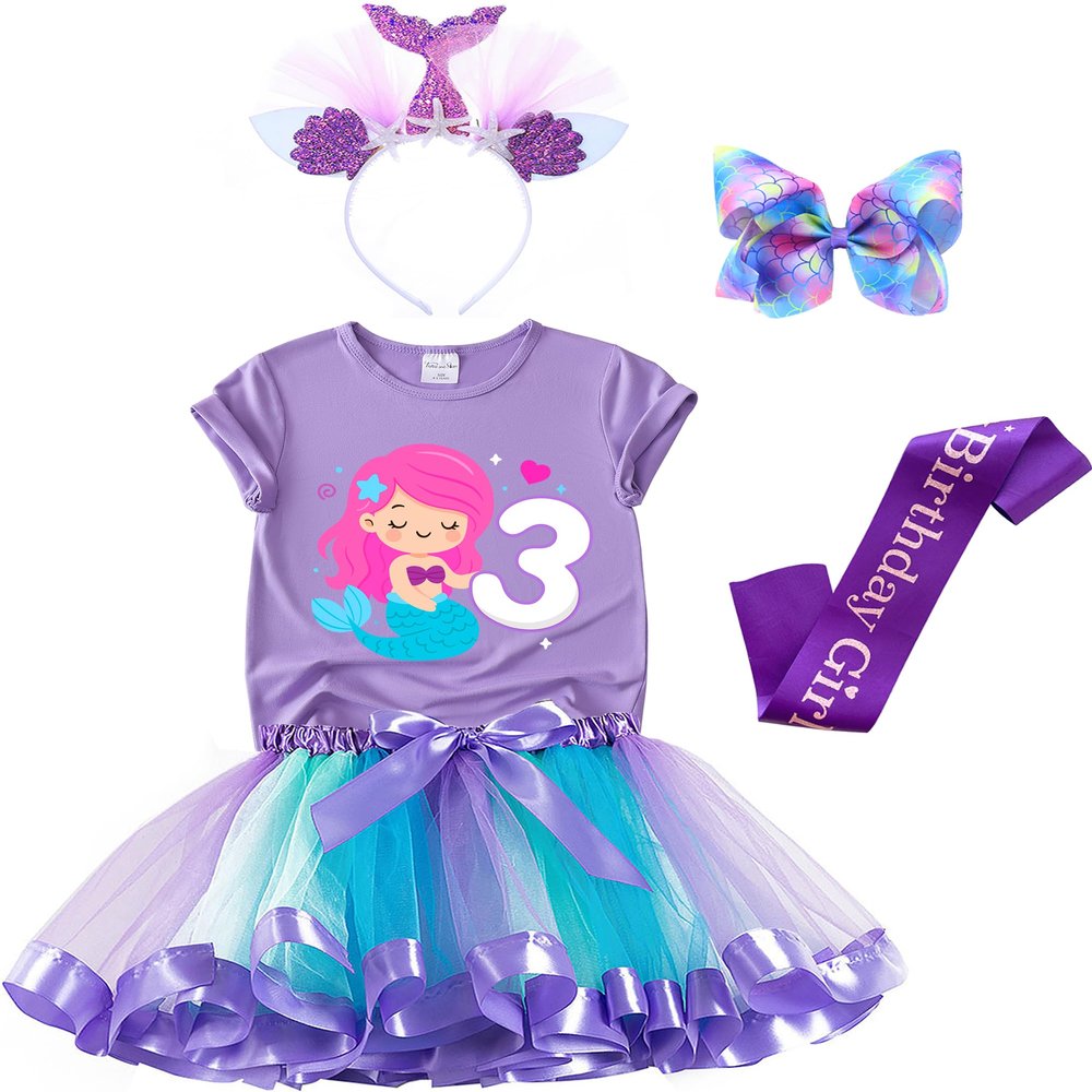 3-8 Years Mermaid Birthday Outfit for Girls - Tutu Skirt, Shirt, Satin Sash & Headband (Purple 3, 3 Years)
