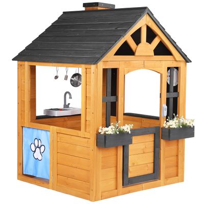 Jocoevol Kids Outdoor Playhouse, Cedar Wooden Playhouse with Kitchen, Pet Door, Sink, Stove, Cookware, Windows, Flowerpot Holders, and Ringing Doorbell, Perfect Backyard Cottage for Imaginative Play
