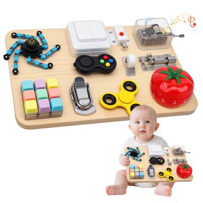 Wooden Busy Board Fidget Pad for Kids Adults, Musical Fidget Spinner for Stress Relief, 11 in 1 Sensory Fidget Toys for Travel, Preschool Learning Activities Fine Moto
