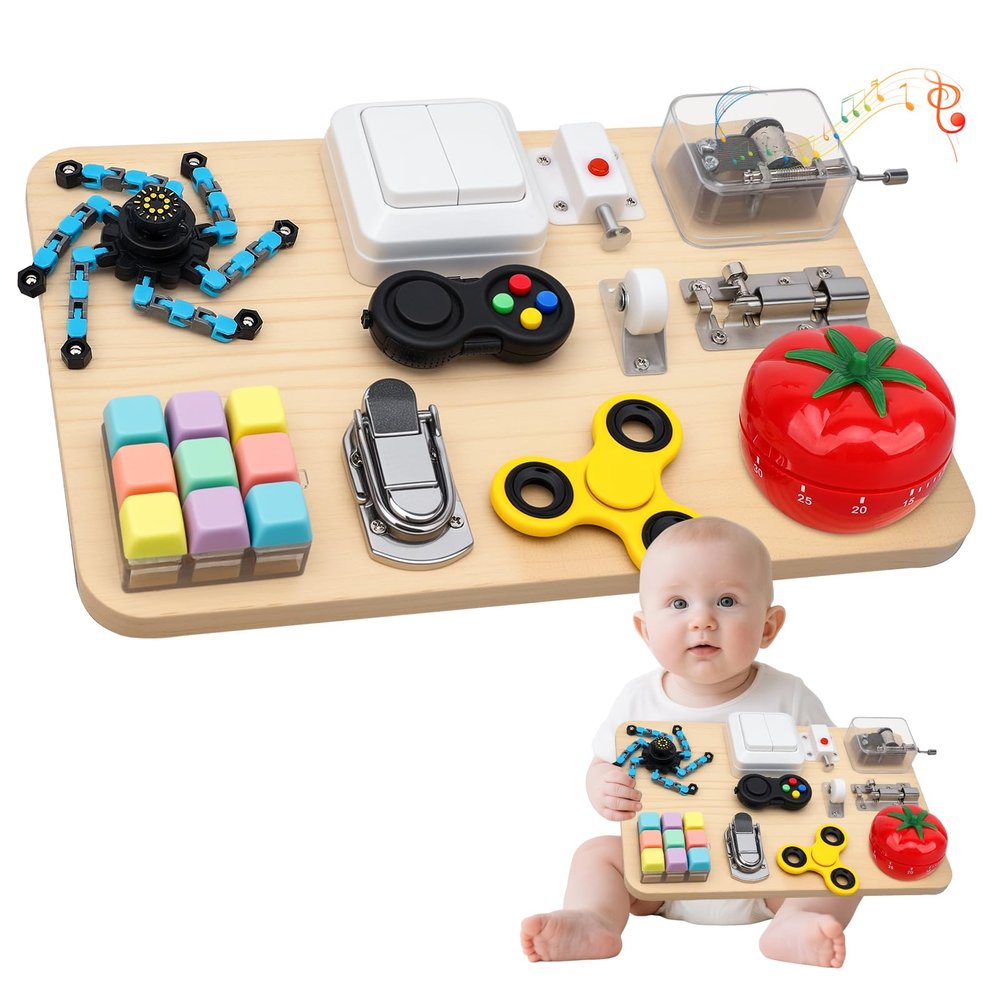 Wooden Busy Board Fidget Pad for Kids Adults, Musical Fidget Spinner for Stress Relief, 11 in 1 Sensory Fidget Toys for Travel, Preschool Learning Activities Fine Moto