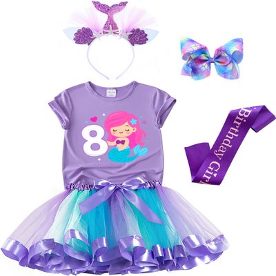 3-8 Years Mermaid Birthday Outfit for Girls - Tutu Skirt, Shirt, Satin Sash & Headband (Purple 8, 8 Years)