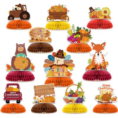 12PCS Thanksgiving Party Table Decorations Thanksgiving Autumn Happy Birthday Honeycomb Centerpieces, Party Supplies for Gobble Turkey Decorations, Supplies & Autumn Party Decorations