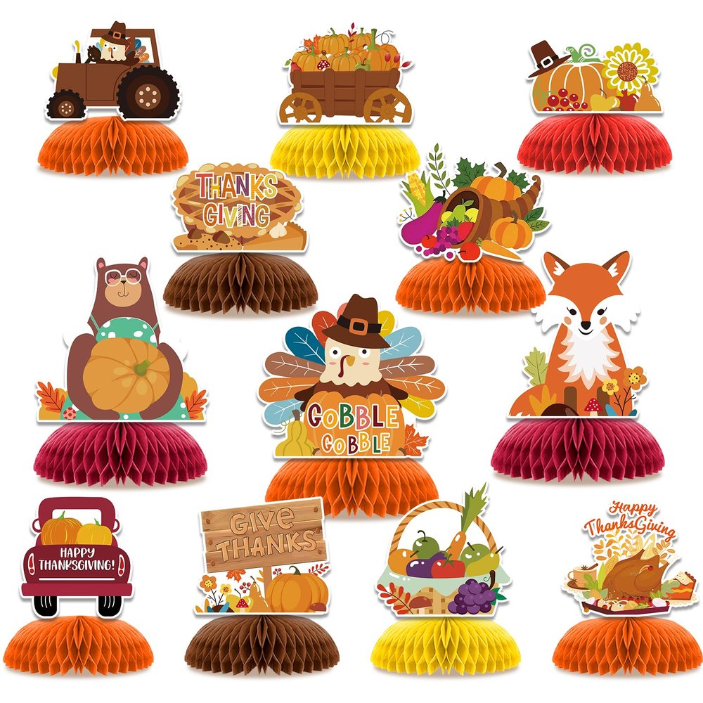 12PCS Thanksgiving Party Table Decorations Thanksgiving Autumn Happy Birthday Honeycomb Centerpieces, Party Supplies for Gobble Turkey Decorations, Supplies & Autumn Party Decorations
