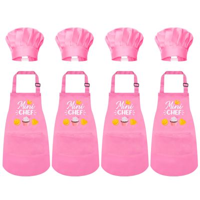 R HORSE Kid Apron and Chef Hat Set 8Pcs Adjustable Children Light Pink Kitchen Toddler Apron for Girls, Role Play Chef Toy Cooking Baking Painting and Training Kits Kid Funny Cooking Birthday Gift