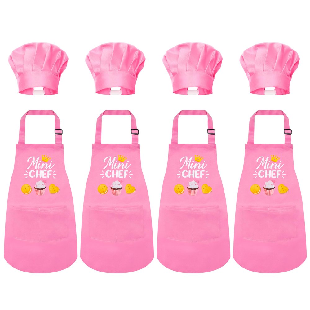 R HORSE Kid Apron and Chef Hat Set 8Pcs Adjustable Children Light Pink Kitchen Toddler Apron for Girls, Role Play Chef Toy Cooking Baking Painting and Training Kits Kid Funny Cooking Birthday Gift