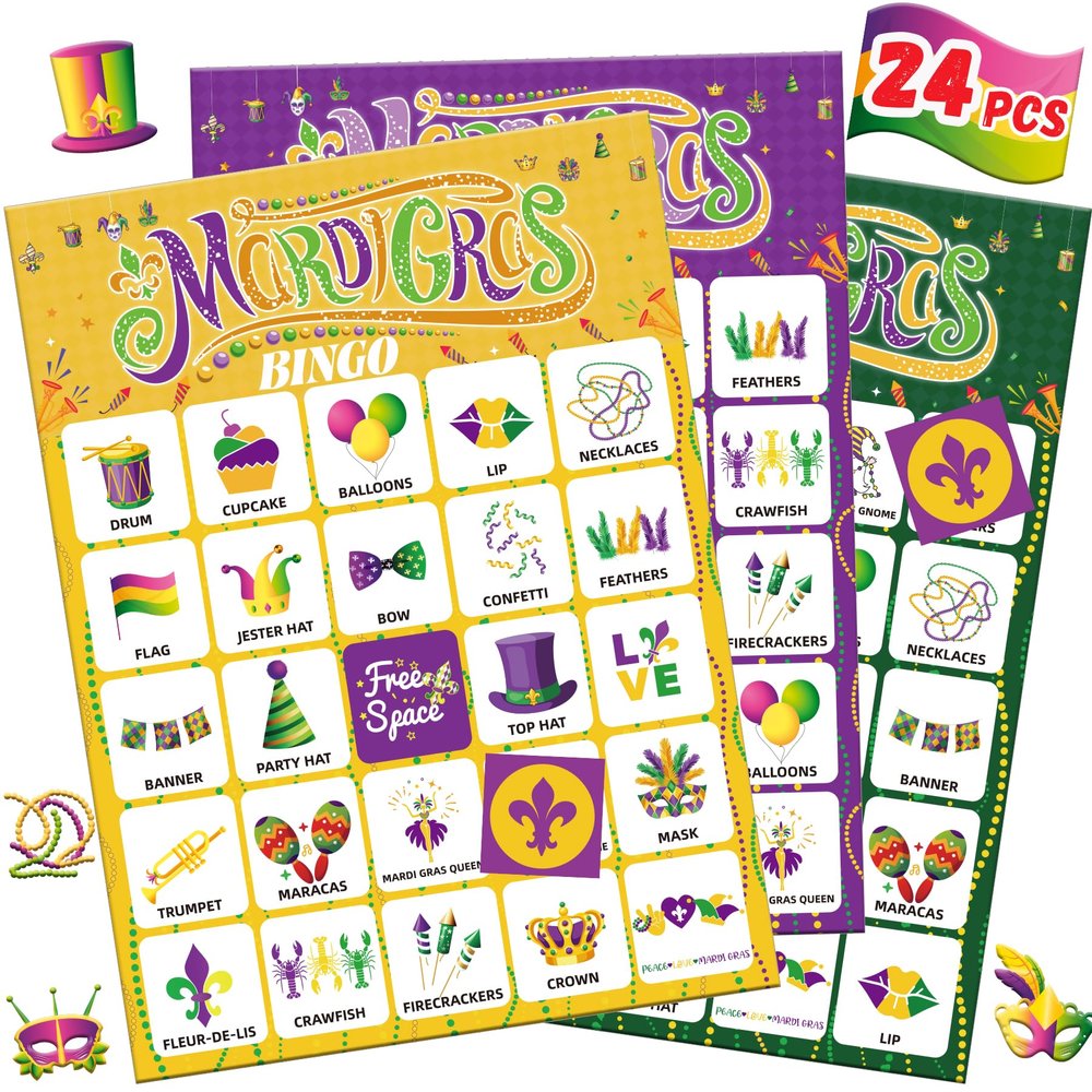 Fenkysoix Mardi Gras Bingo for Kids with 24 Players Cards for Family/School Classroom Activities Mardi Gras Games Bingo Treats Supplies Favors