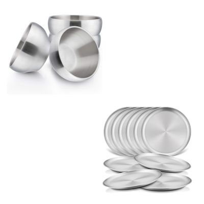 HaWare 14-Piece Kids Dinnerware Set, Stainless Steel Tableware Set Include Kids Bowls and Plates, Shatterproof Toddler Dishes, Durable for Home Picnic Camping, Dishwasher Safe
