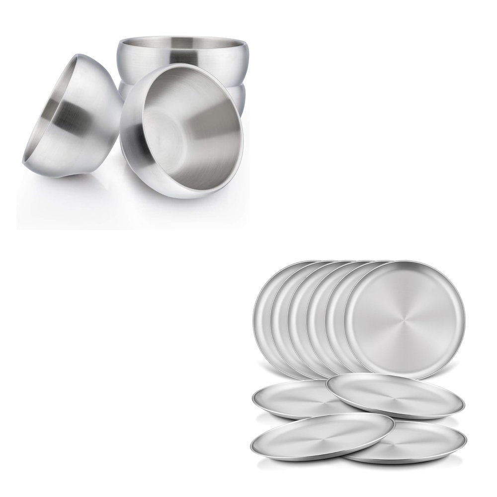 HaWare 14-Piece Kids Dinnerware Set, Stainless Steel Tableware Set Include Kids Bowls and Plates, Shatterproof Toddler Dishes, Durable for Home Picnic Camping, Dishwasher Safe
