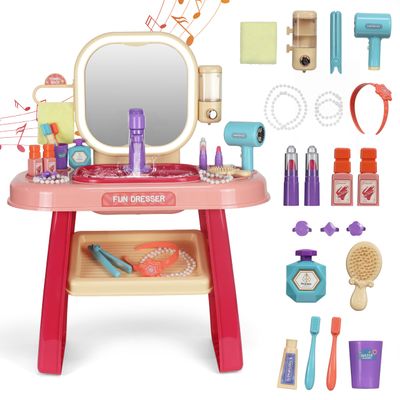 Kids Vanity Set with Mirror, Faucet, LED Lights & Music Purple Princess Makeup Table with Stool, 23 Pretend Accessories, Toddler Vanity Beauty Salon Toy Gift for Girls Ages 36 Dress Up Play