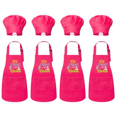 R HORSE Kid Apron And Chef Hat Set - 8Pcs Rose Red Adjustable Children Kitchen Toddler Apron for Girls Role Play Chef Toy Cooking Baking Painting and Training Kit Kid Funny Cooking Gift Birthday Gift