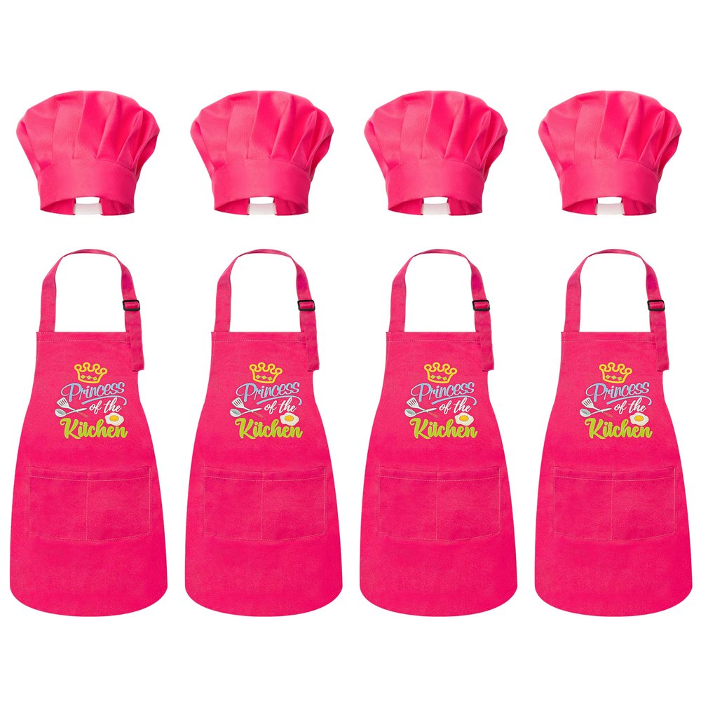 R HORSE Kid Apron And Chef Hat Set - 8Pcs Rose Red Adjustable Children Kitchen Toddler Apron for Girls Role Play Chef Toy Cooking Baking Painting and Training Kit Kid Funny Cooking Gift Birthday Gift