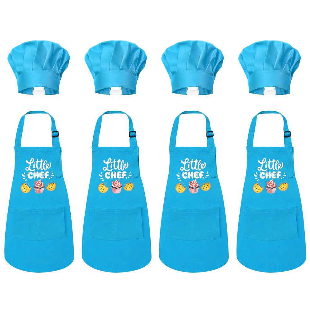 R HORSE Kid Apron And Chef Hat Set - 8Pcs Adjustable Children Blue Kitchen Apron Cooking Baking Painting And Training Kits Dress up Role Play Chef Toy Kid Funny Cooking Gift Holiday Birthday Gift