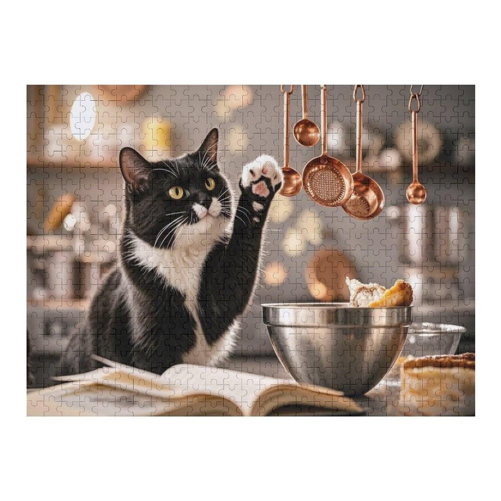 Kitchen Cats Wooden Puzzles for Adults 500 Pieces Jigsaw Puzzle Playful Feline Chaos in The Kitchen, Whimsical Puzzle for Cat and Humor Fans