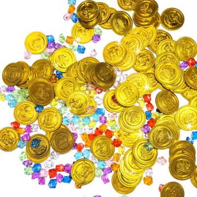 250 PCS Pirate Treasure Fake Pirates Gold Coins and Gems Plastic Jewels, Pirate Party Decorations Gold Coins and Play Gems Treasure Hunt for Kids Halloween Adventure Themed Birthday Christmas Gift