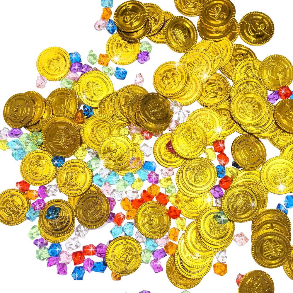 250 PCS Pirate Treasure Fake Pirates Gold Coins and Gems Plastic Jewels, Pirate Party Decorations Gold Coins and Play Gems Treasure Hunt for Kids Halloween Adventure Themed Birthday Christmas Gift