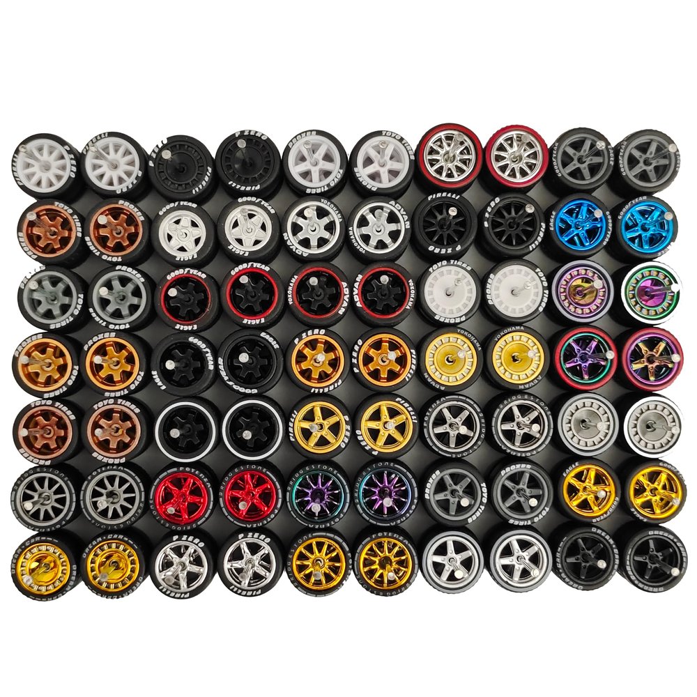 10-Pack 1:64 Rubber Wheels with Logo  Random Custom Rims and Tires Set for 1/64 Diecast Cars  Includes Axles  Realistic Upgrade for Miniature Scale Vehicles