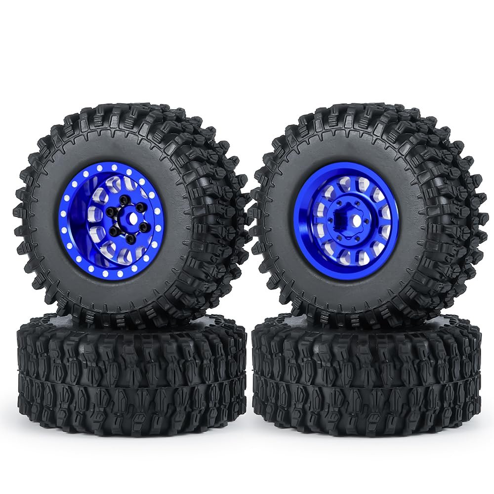 MORLORDY 1.0" Beadlock Wheels and 50mm Rubber Tires Set for Axial SCX24 Gladiator Deadbolt Bronco C10 JLU 1/24 RC Crawler Car Upgrade Parts (Blue)