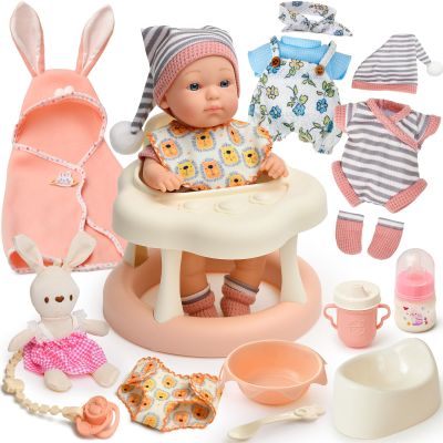 Cleboen Baby Doll Accessories Set for Girls, 9'' Baby Doll with 2 Sets Clothes Doll Walker Chair Feeding Bottle Pacifier Diaper Blanket, Realistic Pretend Play Toys Toddler Girl Birthday Gifts 3 4 5 6