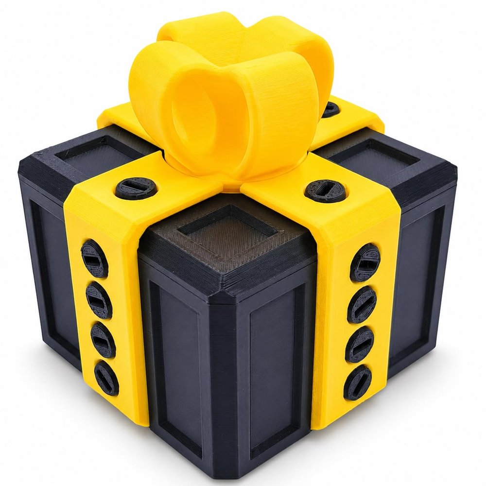 sofarefinish 3.14" Width Annoying Gift Box, The Annoying Present, Prank Box with Screw, 3D Printed Hilarious Money Card Container (Black Box with Yellow)