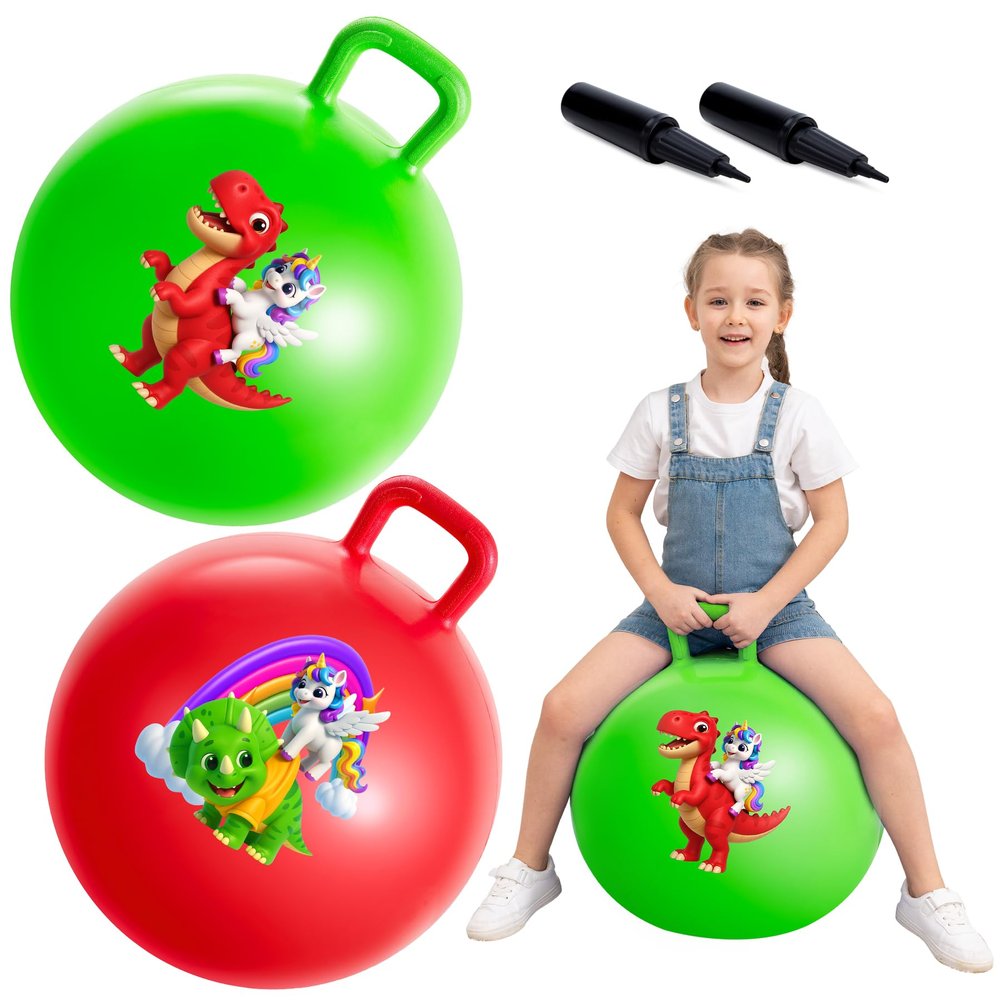 ZOOJOY Hopper Ball 2 Pack, 18 in Bouncy Ball with Handle for Kids, Unicorn & Dinosaur Girls Boys Toys, Best Inflatable Active Play Toys Gifts for 3 4 5 6 7 8 Yr Old Girls Boys