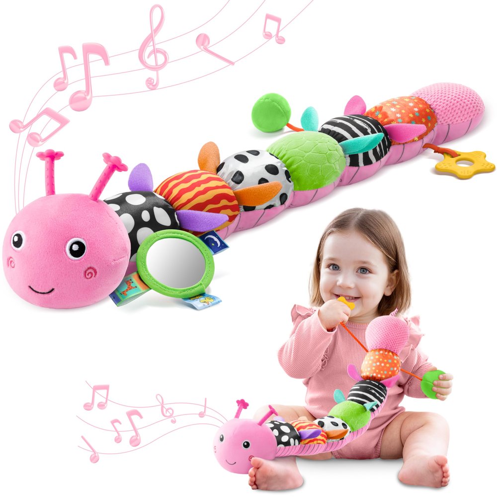 AWOTOY Baby Toys 0-6-12 Months,Musical Caterpillar Stuffed Animals Activity Infant Toys with Crinkle,Rattles,Mirror&Pull String,Muti-Sensory Toys Gifts for Newborn Tummy Time,Candy Pink|Leafy