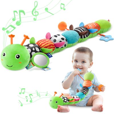 AWOTOY Baby Toys 0-6-12 Months,Musical Caterpillar Stuffed Animals Activity Infant Toys with Crinkle,Rattles,Mirror&Pull String,Muti-Sensory Toys Gifts for Newborn Tummy Time,Kelly Green|Leafy
