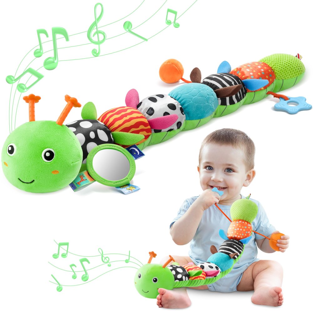 AWOTOY Baby Toys 0-6-12 Months,Musical Caterpillar Stuffed Animals Activity Infant Toys with Crinkle,Rattles,Mirror&Pull String,Muti-Sensory Toys Gifts for Newborn Tummy Time,Kelly Green|Leafy