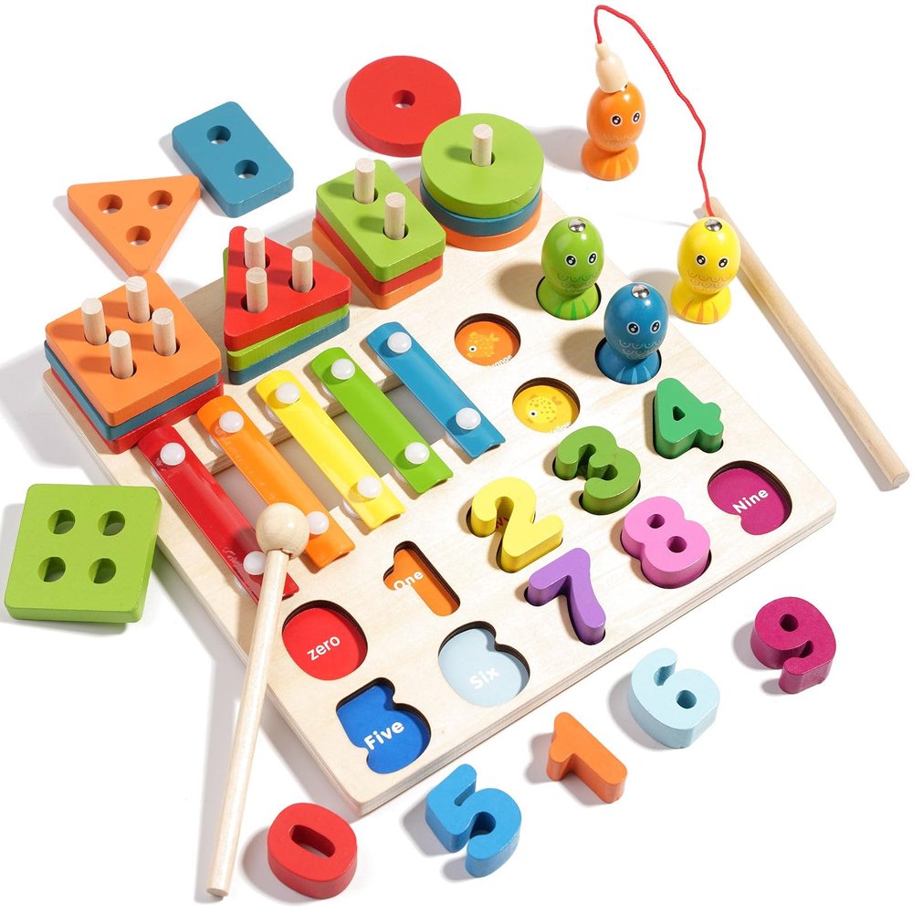 BeenUDog 4-in-1 Wooden Activity Board for Toddlers Kids - Montessori Learning Toy with Magnetic Fishing, Number Blocks Puzzles, Shape Sorter & Xylophone - Educational Gift