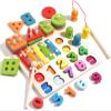 BeenUDog 4-in-1 Wooden Activity Board for Toddlers Kids - Montessori Learning Toy with Magnetic Fishing, Number Blocks Puzzles, Shape Sorter & Xylophone - Educational Gift view 1