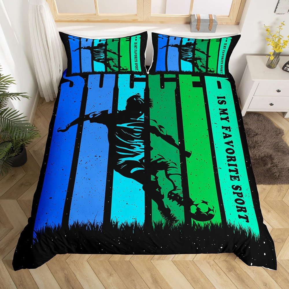Castle Fairy Soccer Duvet Cover Toddler Size,Football Player Silhouette Soft Bedding Set,Outdoor Sport Lover Comforter Cover 2PCS,Ball Game Theme Quilt Cover,1 Pillowcase(Not Comforter)