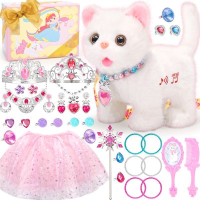 Tagitary Plush Toys Walking Cat Repeats What You Say,Stuffed Interactive Cat Talking Singing Toys with Princess Dress Up Accessories Jewelry Toys,Christmas Birthday Gift Party Favors for Kids