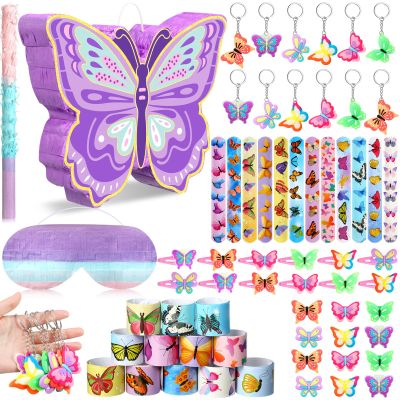Pasimy 51 Pcs Butterfly Piata Set Butterfly Birthday Party Supplies Piata with Stick Blindfold Sticker Hairpin Ring Slap Bracelet Keychain Party Favors for Family Game Decoration(Purple)