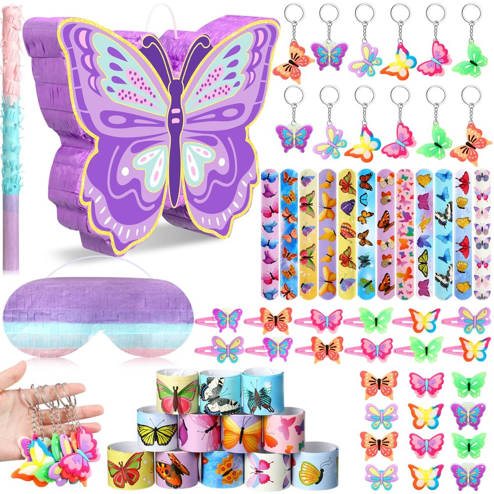 Pasimy 51 Pcs Butterfly Piata Set Butterfly Birthday Party Supplies Piata with Stick Blindfold Sticker Hairpin Ring Slap Bracelet Keychain Party Favors for Family Game Decoration(Purple)