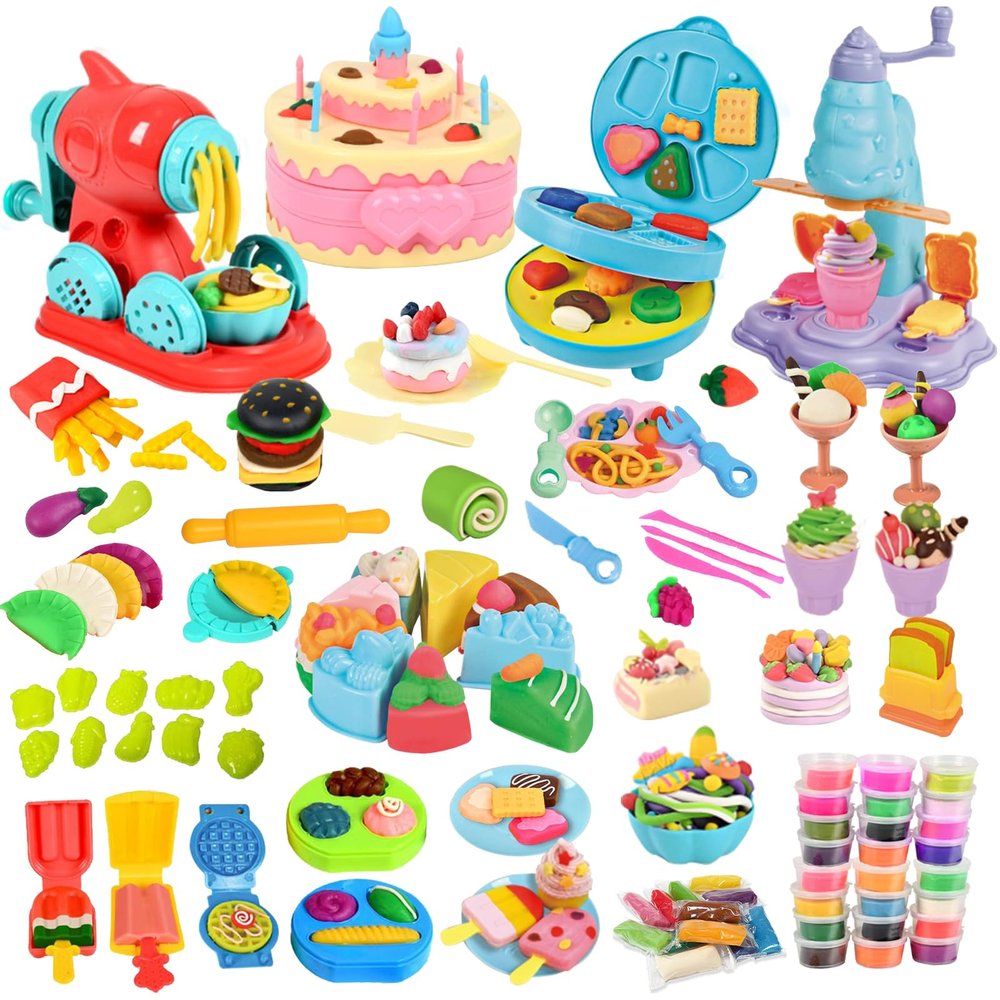 GOVOY 4 in 1 Play Color Dough 104pcs Kitchen Creations with 36pcs of Modeling Dough, Art Crafts Tools Kit Cake Noodle Ice Cream Hamburger Maker Machine Food Play Toys for Kids