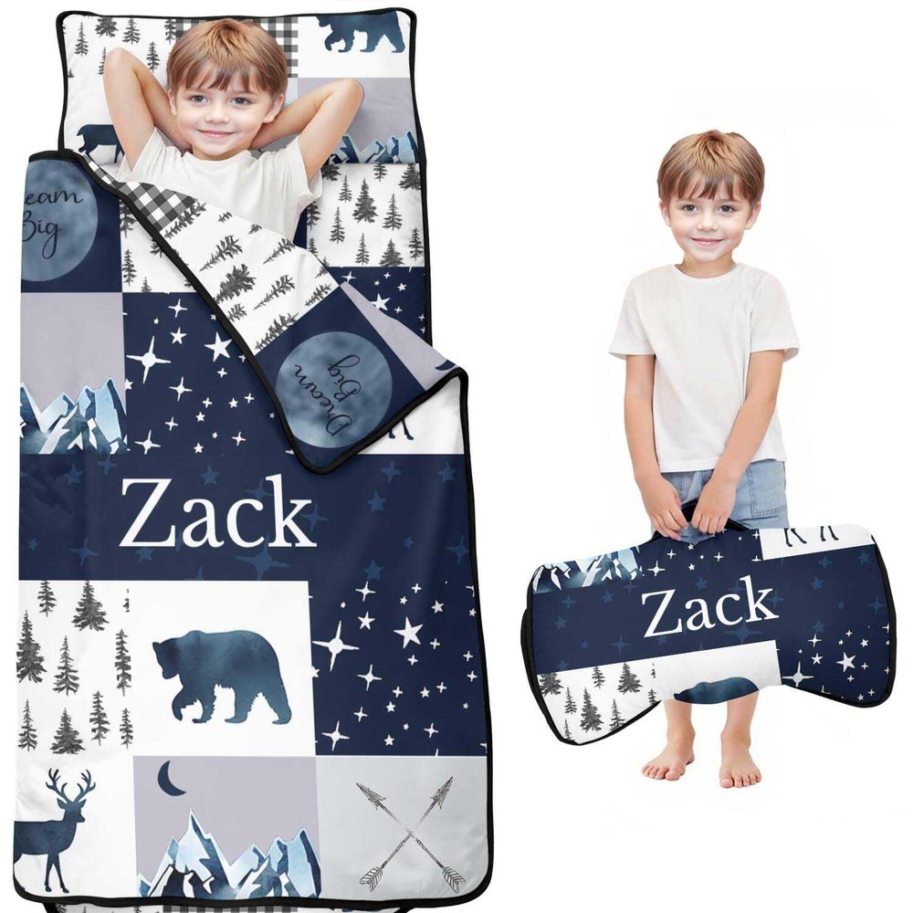Personalized Toddler Nap Mat with Name Custom Patchwork Design Sleeping Bag with Pillow & Blanket for Boys Ideal Slumber Bags for Daycare, Preschool & Kindergarten