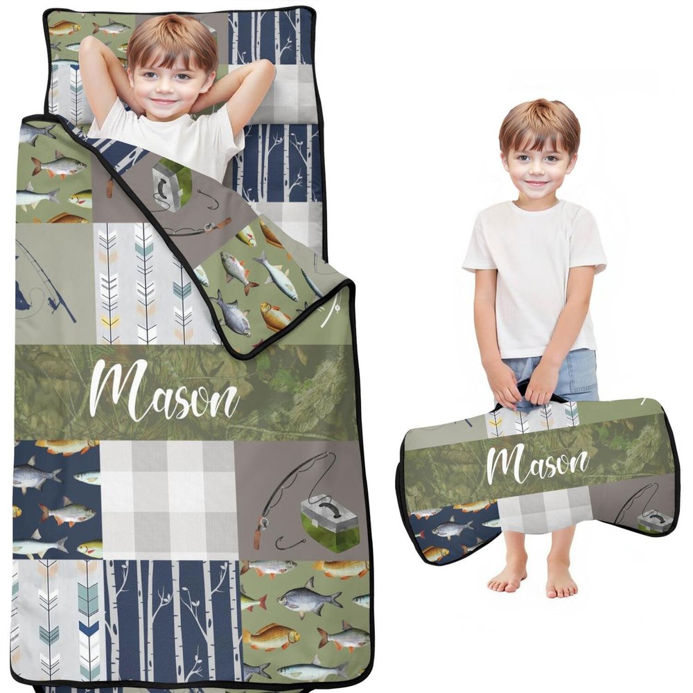 Personalized Toddler Nap Mat with Name  Custom Patchwork Design Sleeping Bag with Pillow & Blanket for Boys  Ideal Slumber Bags for Daycare, Preschool & Kindergarten