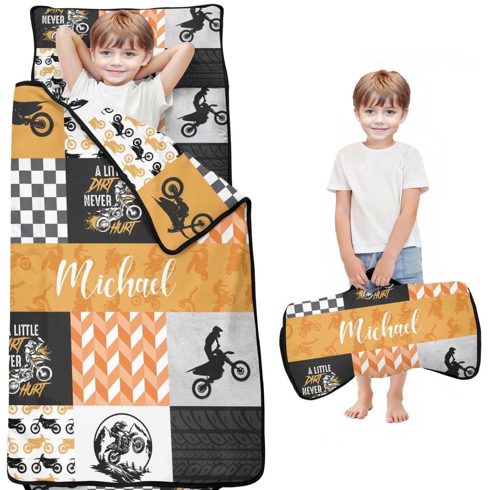 Personalized Toddler Nap Mat with Name  Custom Patchwork Design Sleeping Bag with Pillow & Blanket for Boys  Ideal Slumber Bags for Daycare, Preschool & Kindergarten