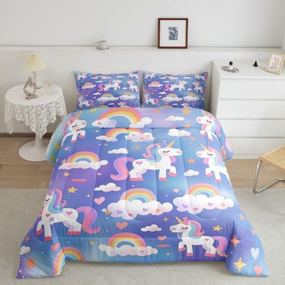 Kawaii Unicorn Comforter Set Toddler Size Cute Rainbow Heart Bedding Set Kids Girls Dreamy Fairy Tale All Season Quilt Set Cartoon Animal Bedding Comforter Sets,2Pcs