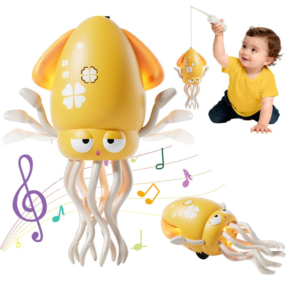 LFACHTER Electric Crawling Octopus Toy with LED Lights & Music, Smart Obstacle Avoidance, Interactive Auto-Dance Octopus for Gifts, Toddlers, Indoor Fun, Brings Endless Giggles (Yellow)