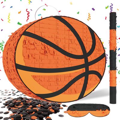 Basketball Piata Includes Wooden Stick, Blindfold, and Confetti 13"x13"x3" Perfect for Sports Party Decorations and Basketball Pinatas for Birthday Party