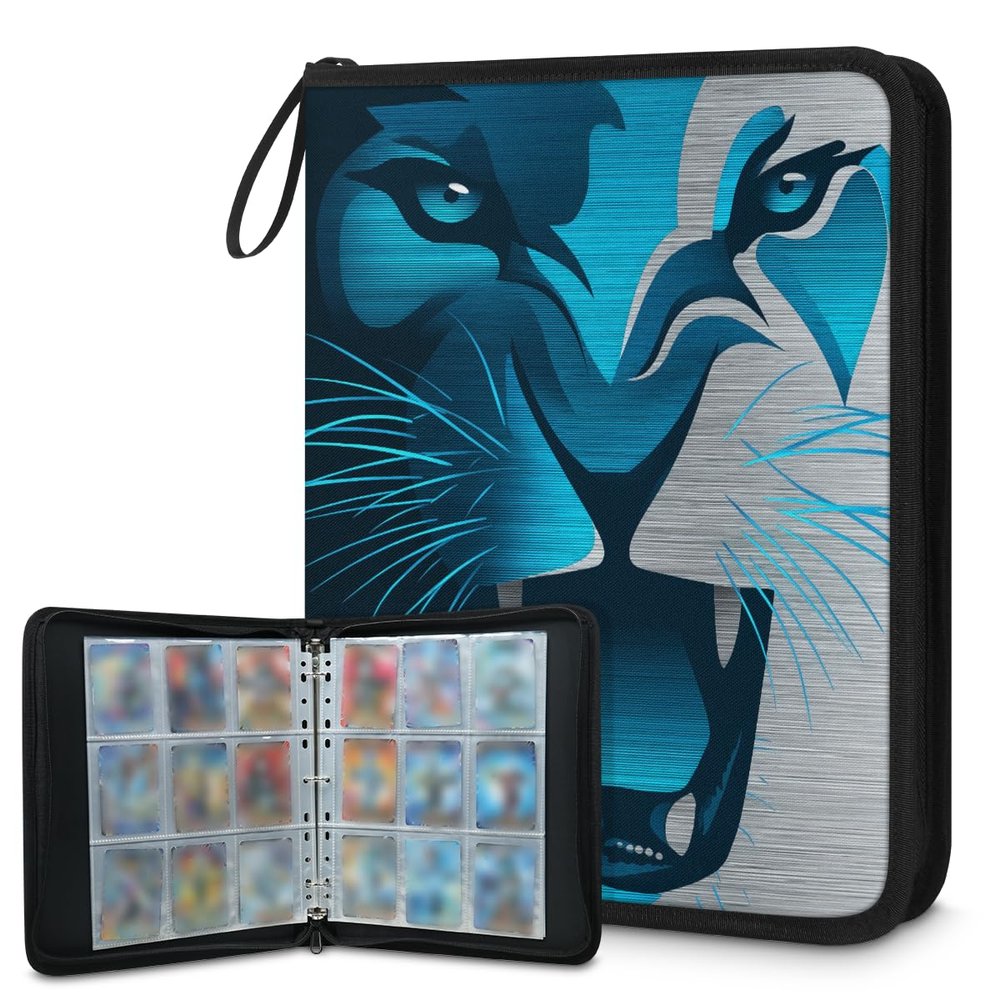Kuquteed Liones Face Trading Card Binder 4 Pocket 400 Cards Holder Collector Album with 50 Removable Sleeves Gifts for Boys Girls Blue Gray Sports Game Cards