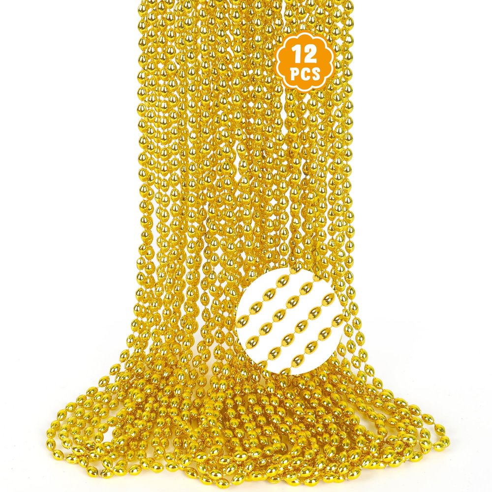 12PCS Gold Mardi Gras Beads, Metallic Bead Necklaces Bulk, Oval 32" Christmas Beaded Necklace Costume, Festival Parade Throw Accessories for Wedding Xmas Birthday Pirate Party Supplies Decorations