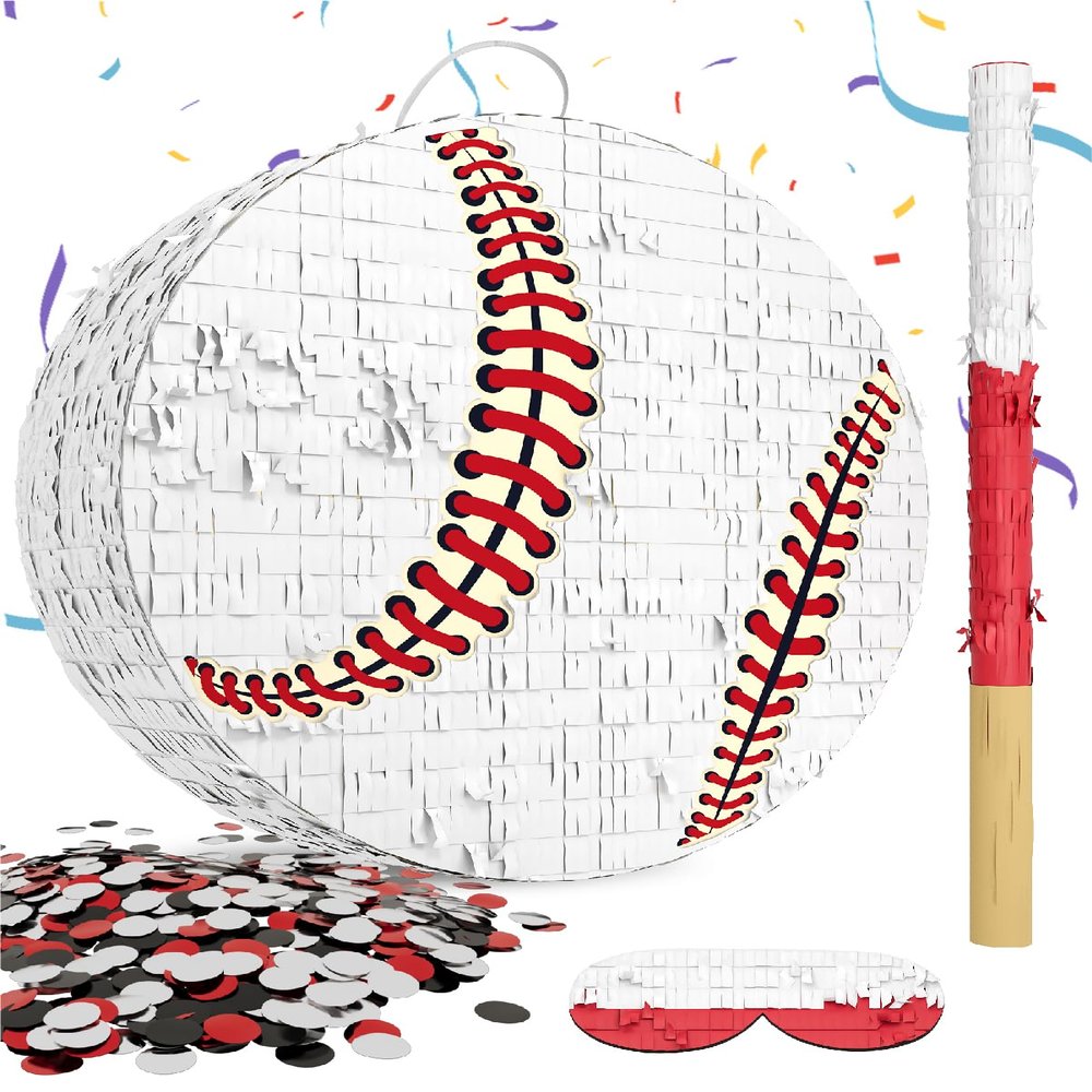 Baseball Piata for Boys Includes Wooden Bat, Blindfold, and Confetti 13"x13"x3" Perfect for Sports-Themed Party Decorations and Birthday Party Fun