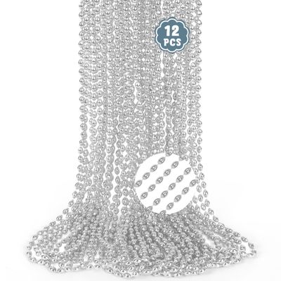 Christmas Bead Necklaces, 12PCS Silver Mardi Gras Beads Party Favors, 32" Oval Xmas Beaded Necklace Bulk, Festival Events Parade Throw Accessories for Christmas Mardi Gras Wedding Birthday Decor