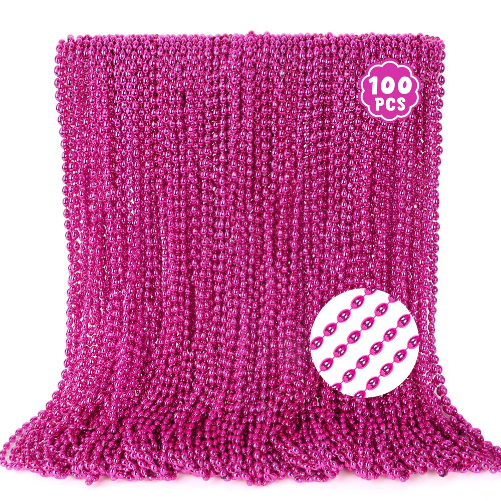 100PCS Breast Cancer Awareness Accessories, Oval Pink Bead Necklace Party Favors, 32" Metallic Mardi Gras Necklace Stuff, Festival Parade Throw Accessories for Wedding Birthday Celebrations Decor