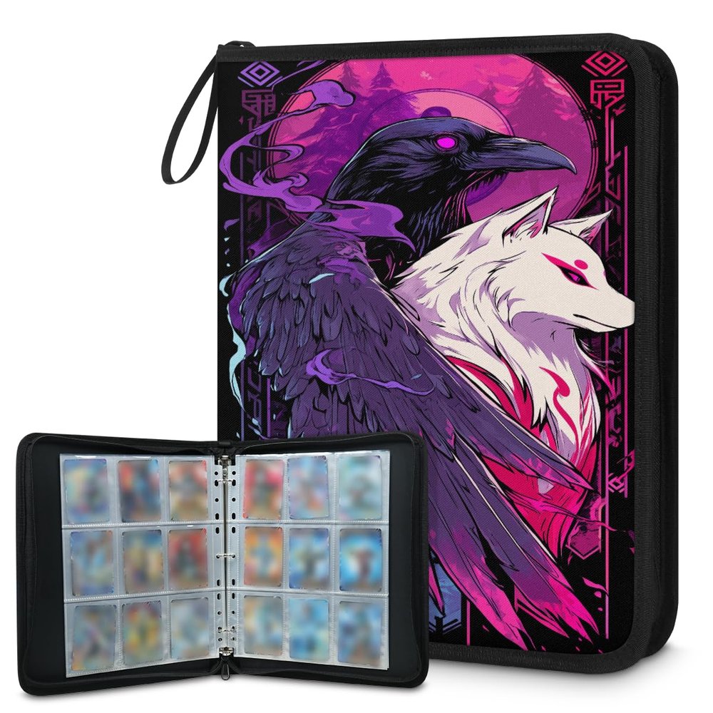 Kuquteed Animals Crow Fox Trading Card Binder 4 Pocket 400 Cards Holder Collector Album with 50 Removable Sleeves Gifts for Boys Girls Purple White Sports Game Cards