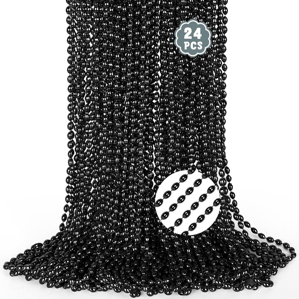 Black Mardi Gras Beads, 24PCS Black Bead Necklaces Bulk, 32" Oval Costume Halloween Beaded Necklaces, Festival Parade Throw for Halloween Wedding Party Events Stuff Accessories Supplies Decorations