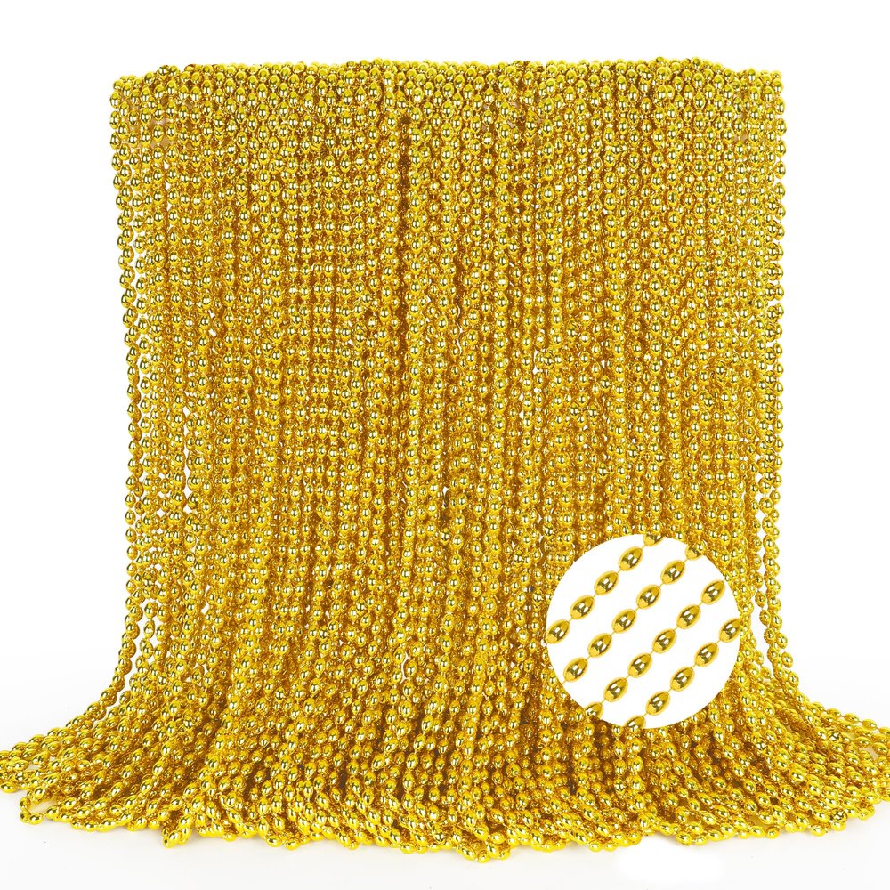 100PCS Mardi Gras Beads, Gold Oval Beaded Necklace Stuff, 32" Mardi Gras Christmas Beaded Necklace Costume Bulk, Festival Parade Throw Accessories for Mardi Gras St Patricks Christmas Celebrations