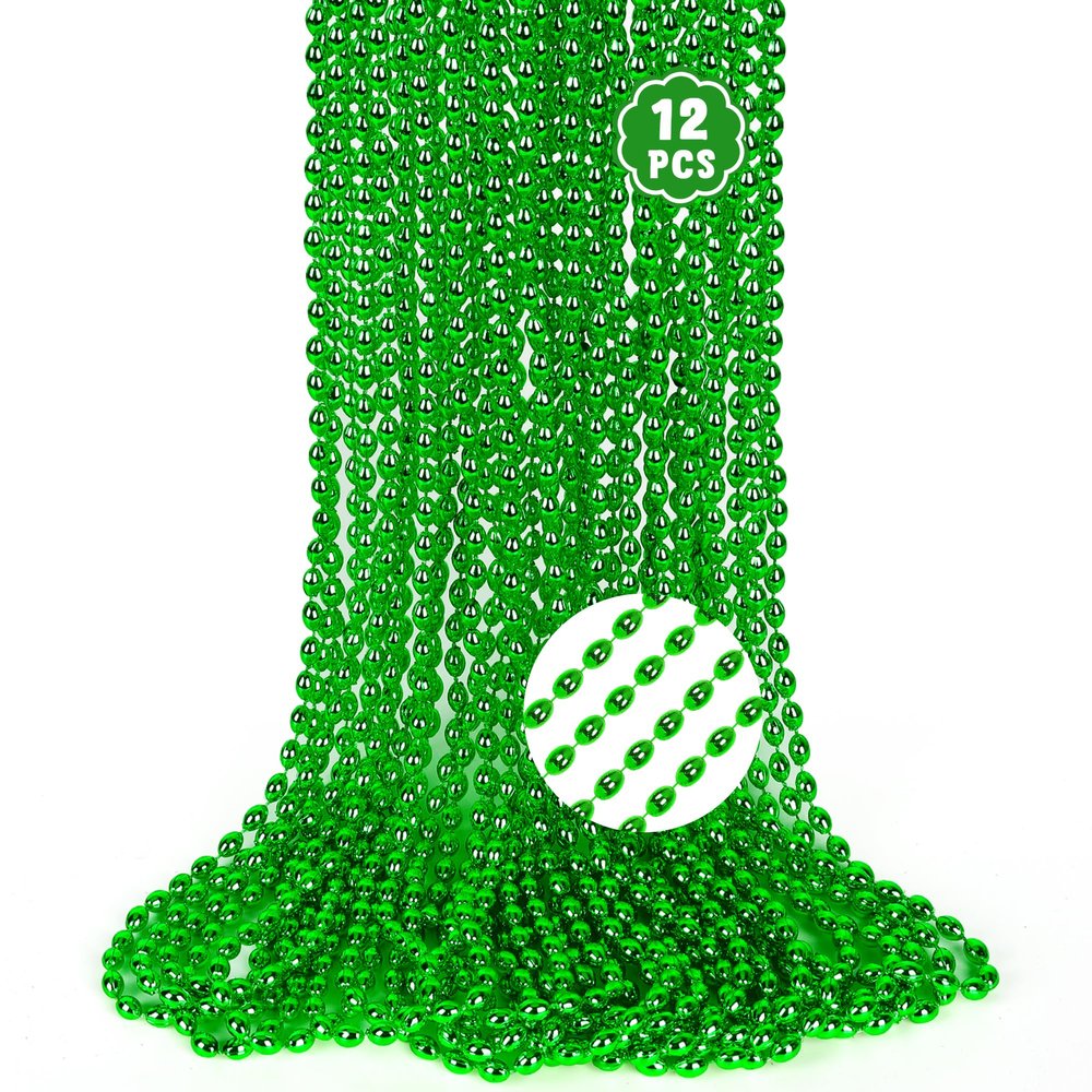 12PCS St Patricks Bead Necklace, Christmas Beaded Necklace Green Accessories, 32" Oval St. Patricks Mardi Gras Beads Necklaces, Festival Parade Throw Accessories for Mardi Gras Christmas Supplies
