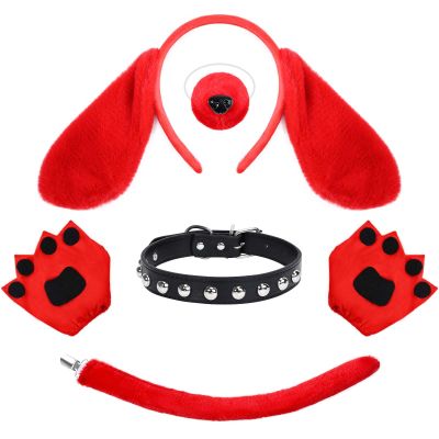 5Pcs Red Dog Book Character Costume Accessories Set Including Dog Ears Headband Nose Tail Gloves for World Book Day Cosplay Party Supplies